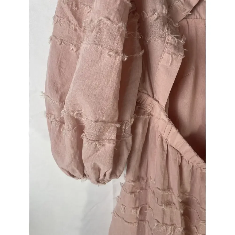 Altar’d State Distressed Pink Babydoll Mini Dress Size XS Ribbon Tie 3/4 Sleeves - Picture 5 of 8